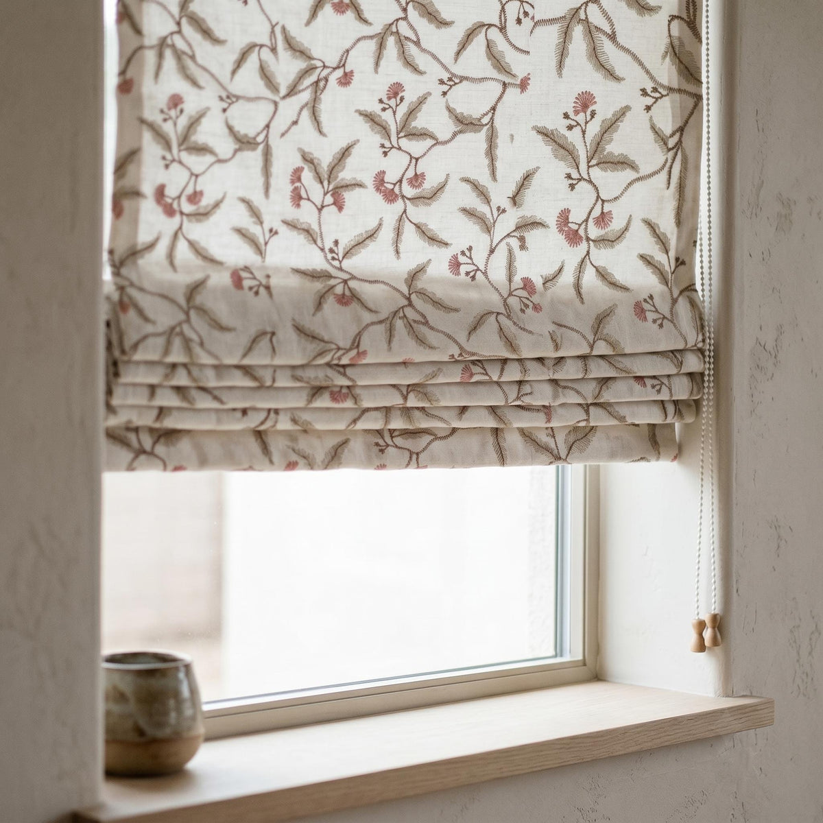 Embroidered Linen Roman Shade, Ivory Pink Botanical Blind, Sage Beige Leaf Vine Custom Roman Blind, Blackout or Light Filter — image 3
