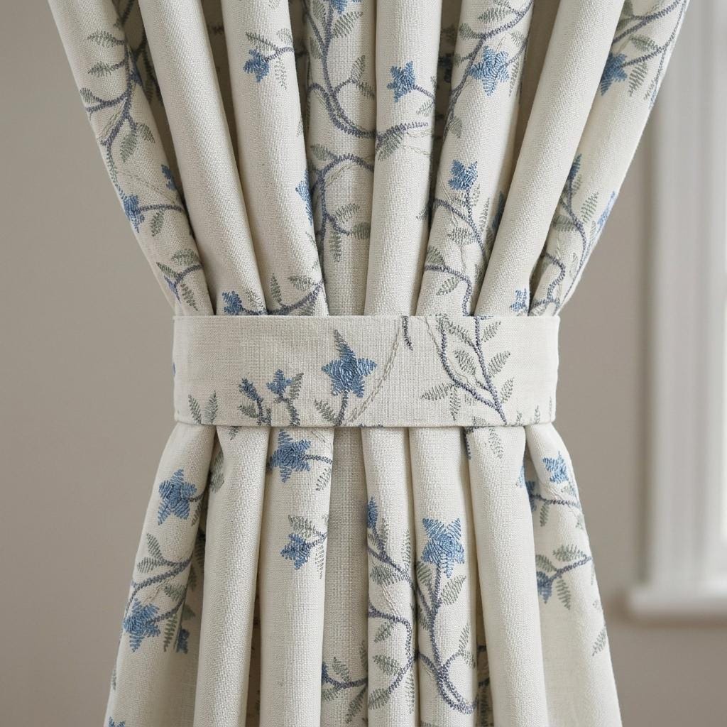 Heavy Pure Linen Embroidered Curtains, Ivory Blue Floral Vine Drapes, Sage Leaf Blackout or Cotton Lined Panels — image 1