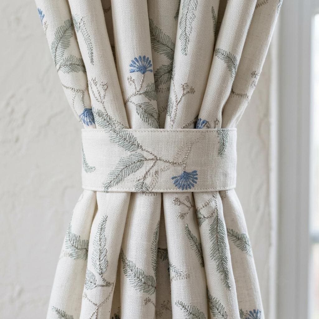Heavy Pure Linen Embroidered Curtains, Ivory Blue Floral Vine Drapes, Sage Leaf Blackout or Cotton Lined Panels — image 1