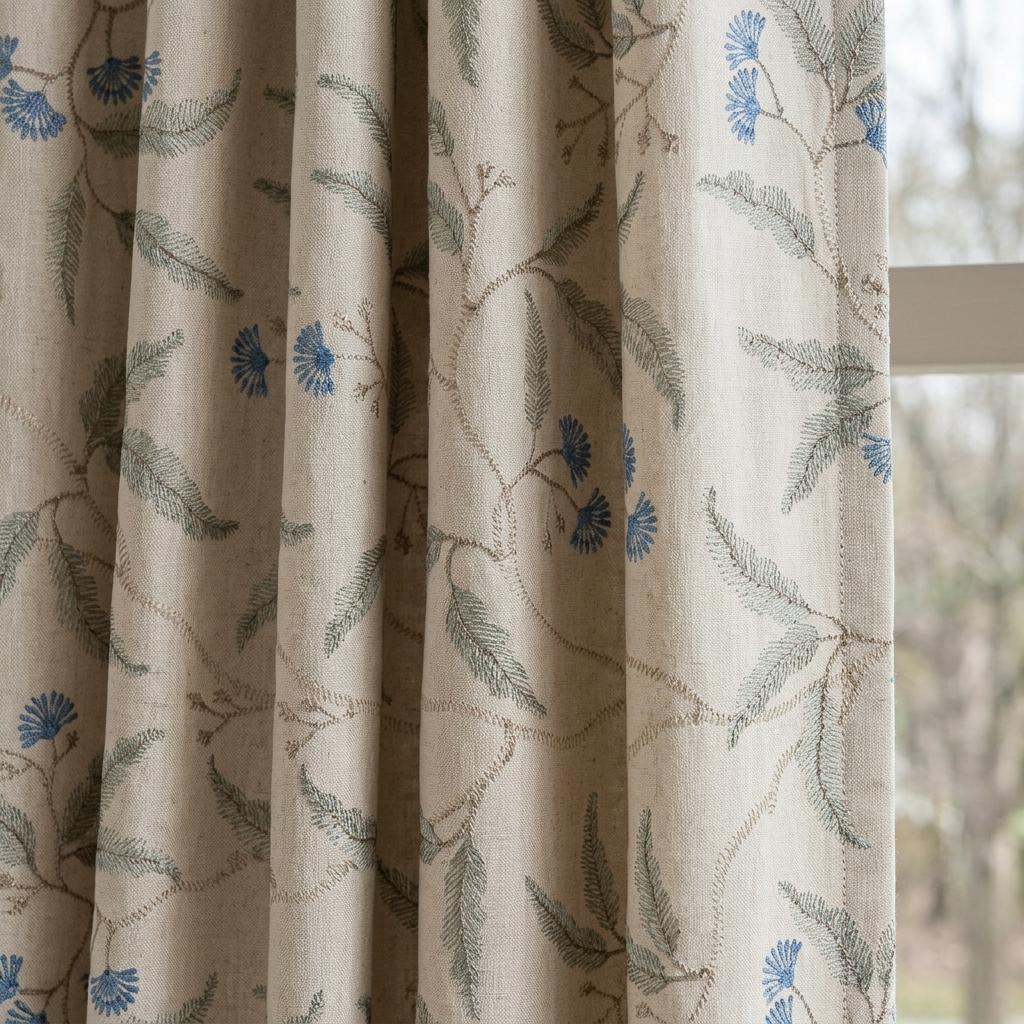 Heavy Pure Linen Embroidered Curtains, Ivory Blue Floral Vine Drapes, Sage Leaf Blackout or Cotton Lined Panels — image 1