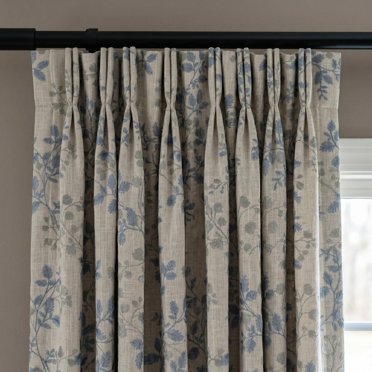 Ivory Linen Embroidered Curtains, Dusty Blue Grey Botanical Leaf Drapes, Custom Blackout or Cotton Lined Panels — image 10