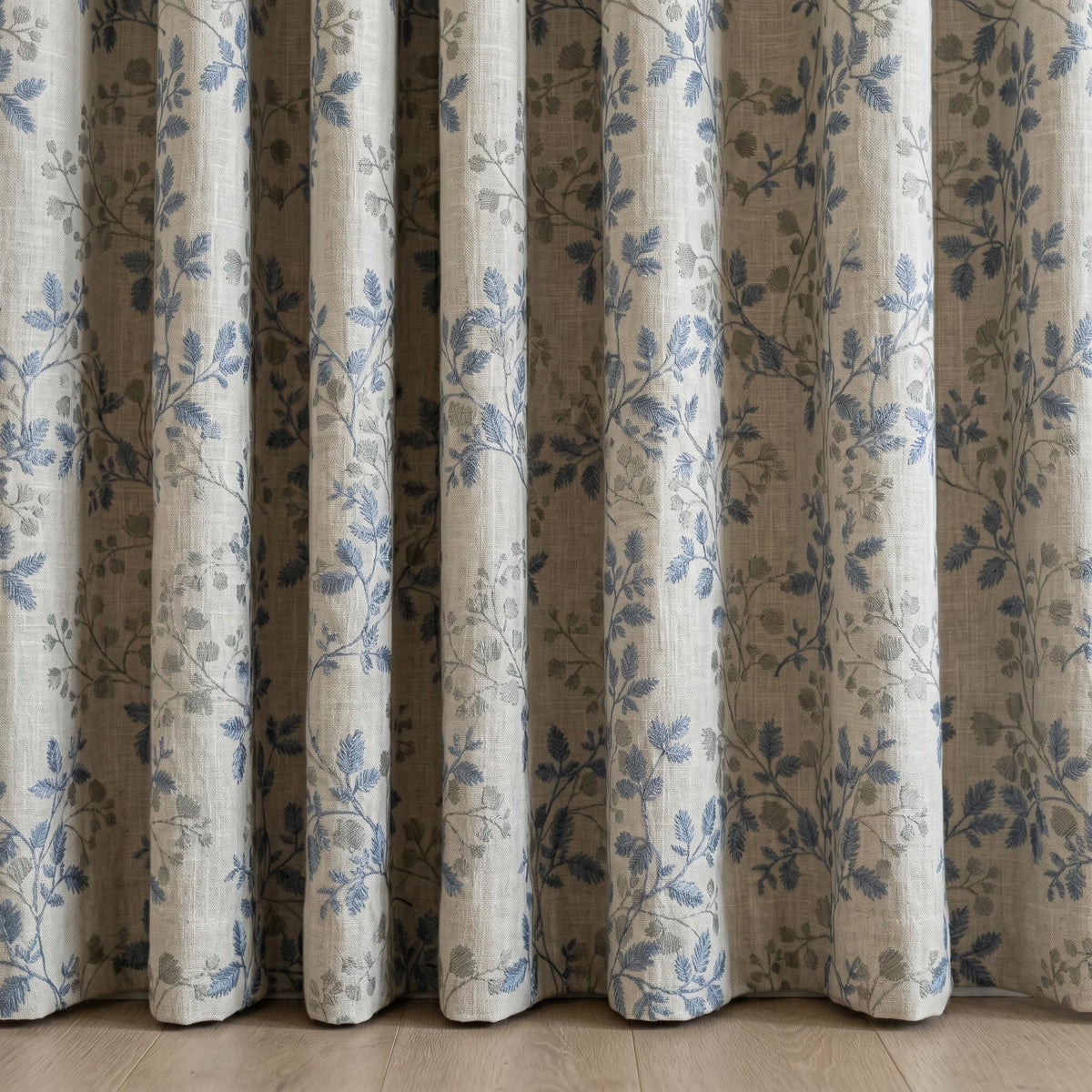 Ivory Linen Embroidered Curtains, Dusty Blue Grey Botanical Leaf Drapes, Custom Blackout or Cotton Lined Panels — image 4