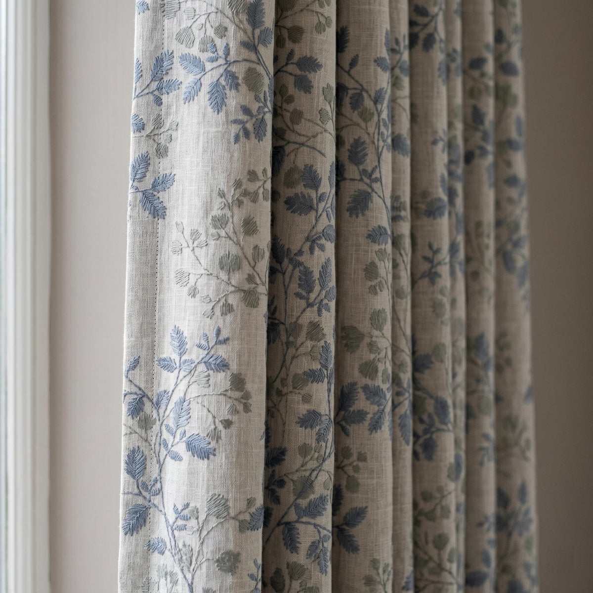 Ivory Linen Embroidered Curtains, Dusty Blue Grey Botanical Leaf Drapes, Custom Blackout or Cotton Lined Panels — image 7