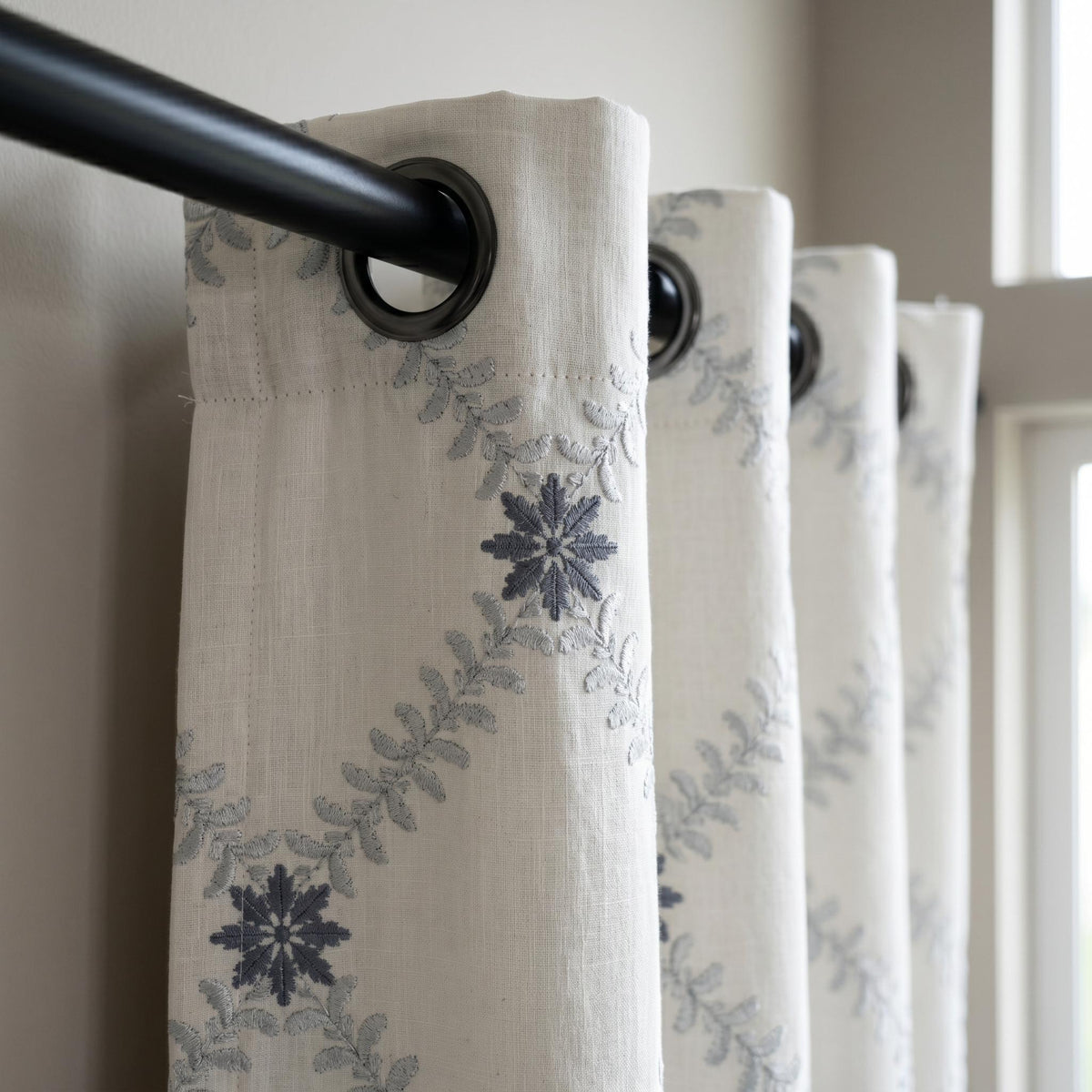 Off White Linen Embroidered Curtains, Blue Grey Floral Ogee Drapes, Custom Blackout or Cotton Lined Curtain Panels — image 4
