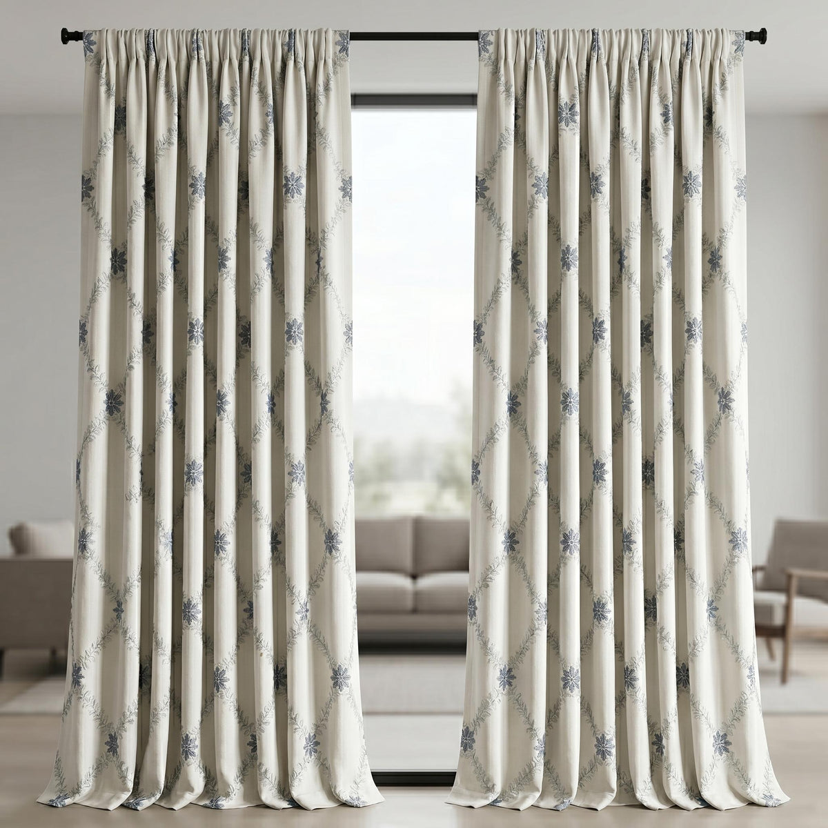 Off White Linen Embroidered Curtains, Blue Grey Floral Ogee Drapes, Custom Blackout or Cotton Lined Curtain Panels — image 8