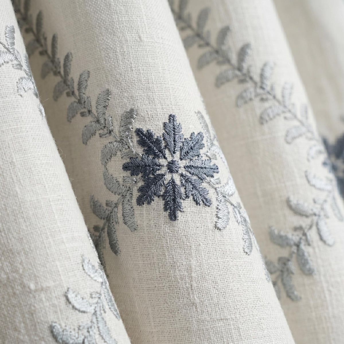 Off White Linen Embroidered Curtains, Blue Grey Floral Ogee Drapes, Custom Blackout or Cotton Lined Curtain Panels — image 6