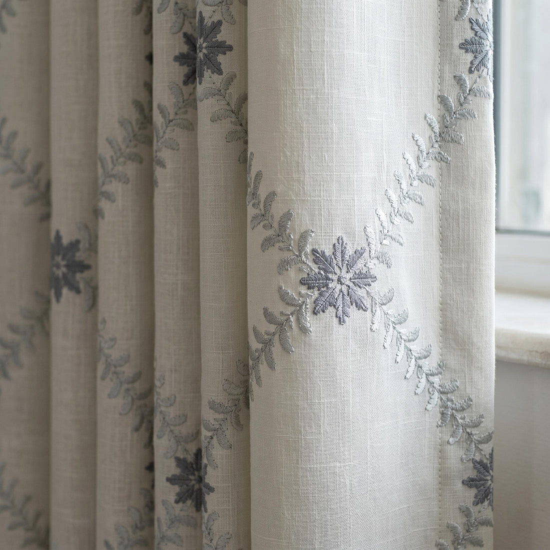 Off White Linen Embroidered Curtains, Blue Grey Floral Ogee Drapes, Custom Blackout or Cotton Lined Curtain Panels — image 1