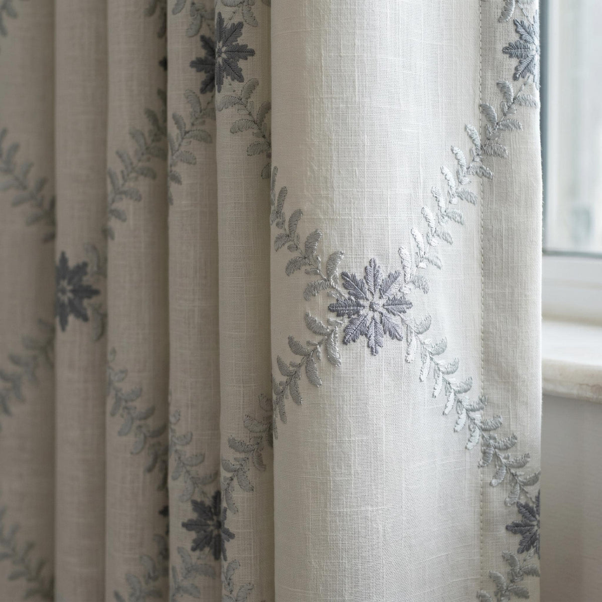 Off White Linen Embroidered Curtains, Blue Grey Floral Ogee Drapes, Custom Blackout or Cotton Lined Curtain Panels — image 1