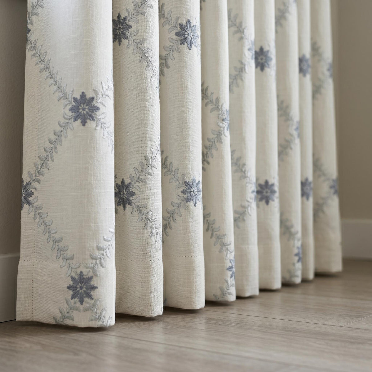 Off White Linen Embroidered Curtains, Blue Grey Floral Ogee Drapes, Custom Blackout or Cotton Lined Curtain Panels — image 5