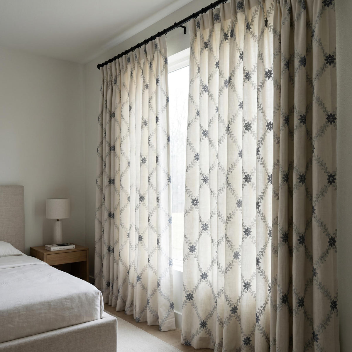 Off White Linen Embroidered Curtains, Blue Grey Floral Ogee Drapes, Custom Blackout or Cotton Lined Curtain Panels — image 3