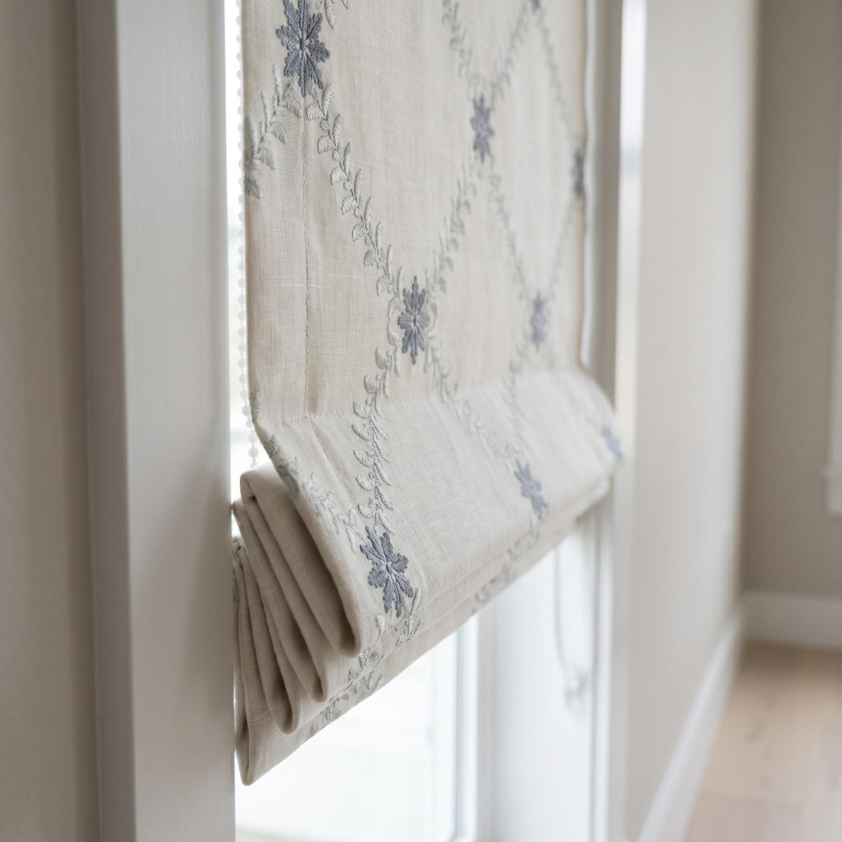 Off White Linen Roman Shade, Silver Gray Blue Embroidered Trellis Blind, Custom Corded Window Shade, Blackout or Cotton Lined — image 3