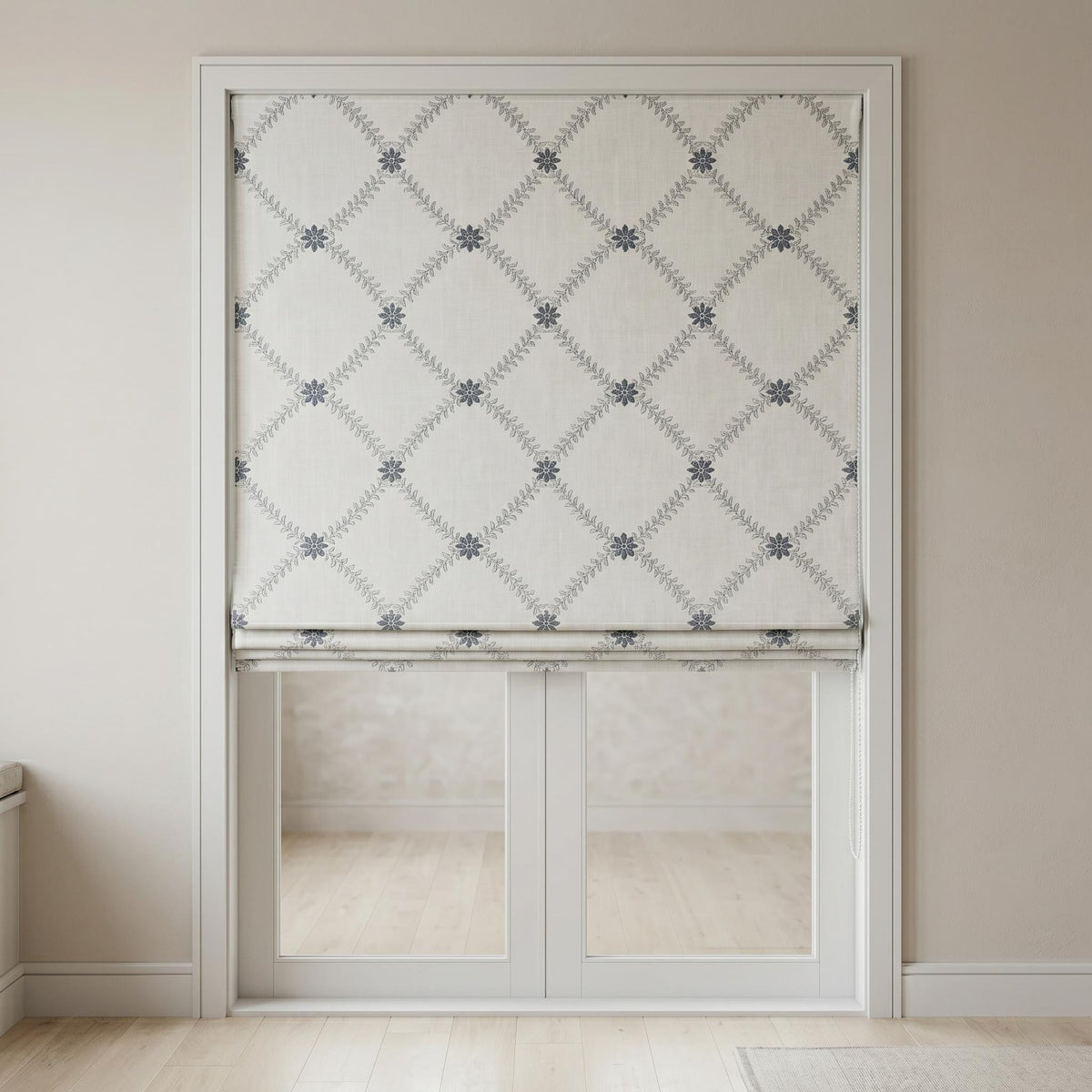 Off White Linen Roman Shade, Silver Gray Blue Embroidered Trellis Blind, Custom Corded Window Shade, Blackout or Cotton Lined — image 6