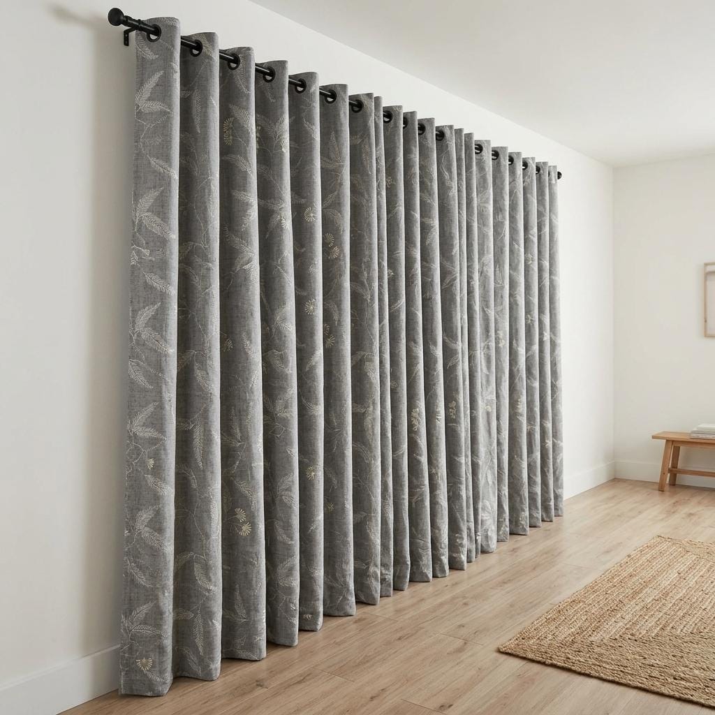 Pure Linen Embroidered Curtains, Gray Floral Vine Drapes, Ivory Botanical Blackout or Cotton Lined Panels — image 8