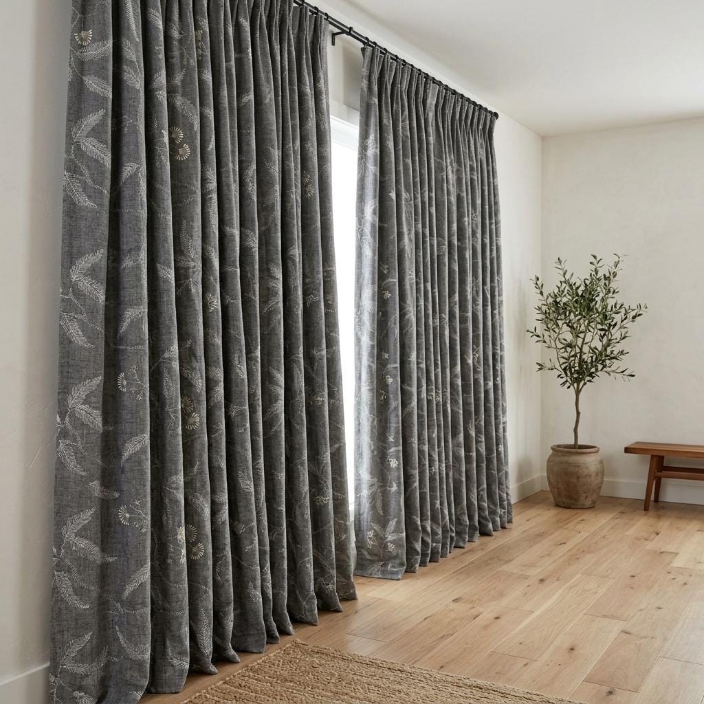 Pure Linen Embroidered Curtains, Gray Floral Vine Drapes, Ivory Botanical Blackout or Cotton Lined Panels — image 10