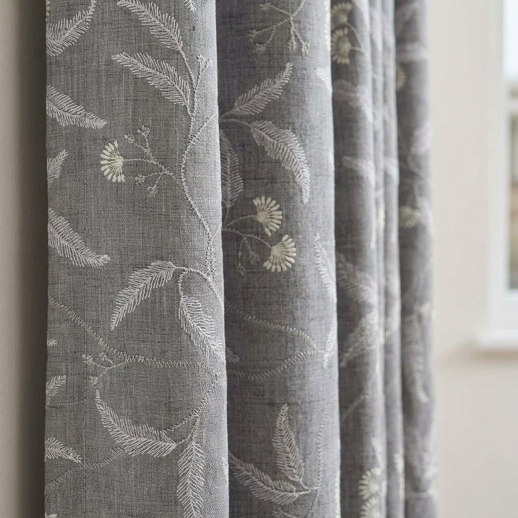 Pure Linen Embroidered Curtains, Gray Floral Vine Drapes, Ivory Botanical Blackout or Cotton Lined Panels — image 6