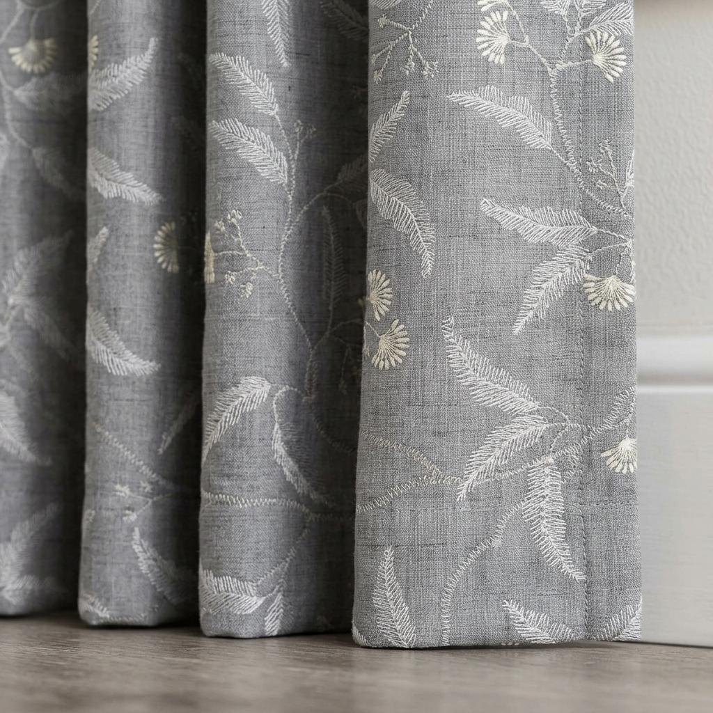 Pure Linen Embroidered Curtains, Gray Floral Vine Drapes, Ivory Botanical Blackout or Cotton Lined Panels — image 4