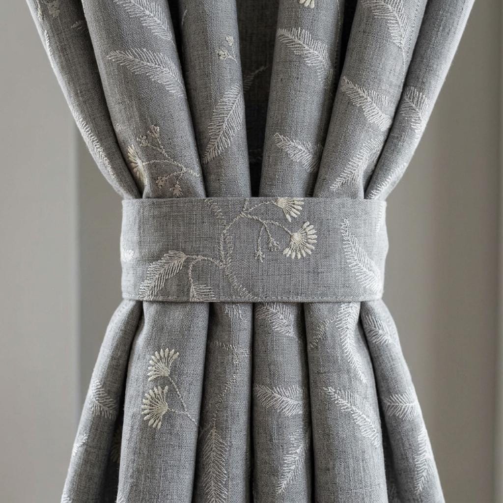 Pure Linen Embroidered Curtains, Gray Floral Vine Drapes, Ivory Botanical Blackout or Cotton Lined Panels — image 3