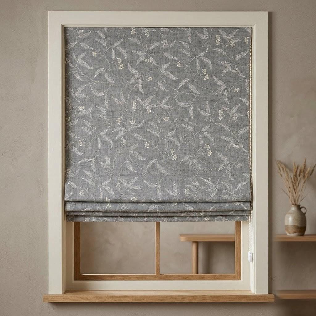 Grey Embroidered Linen Roman Shade, Charcoal Botanical Blind, Ivory Floral Vine Custom Roman Blind, Blackout or Light Filter — image 1
