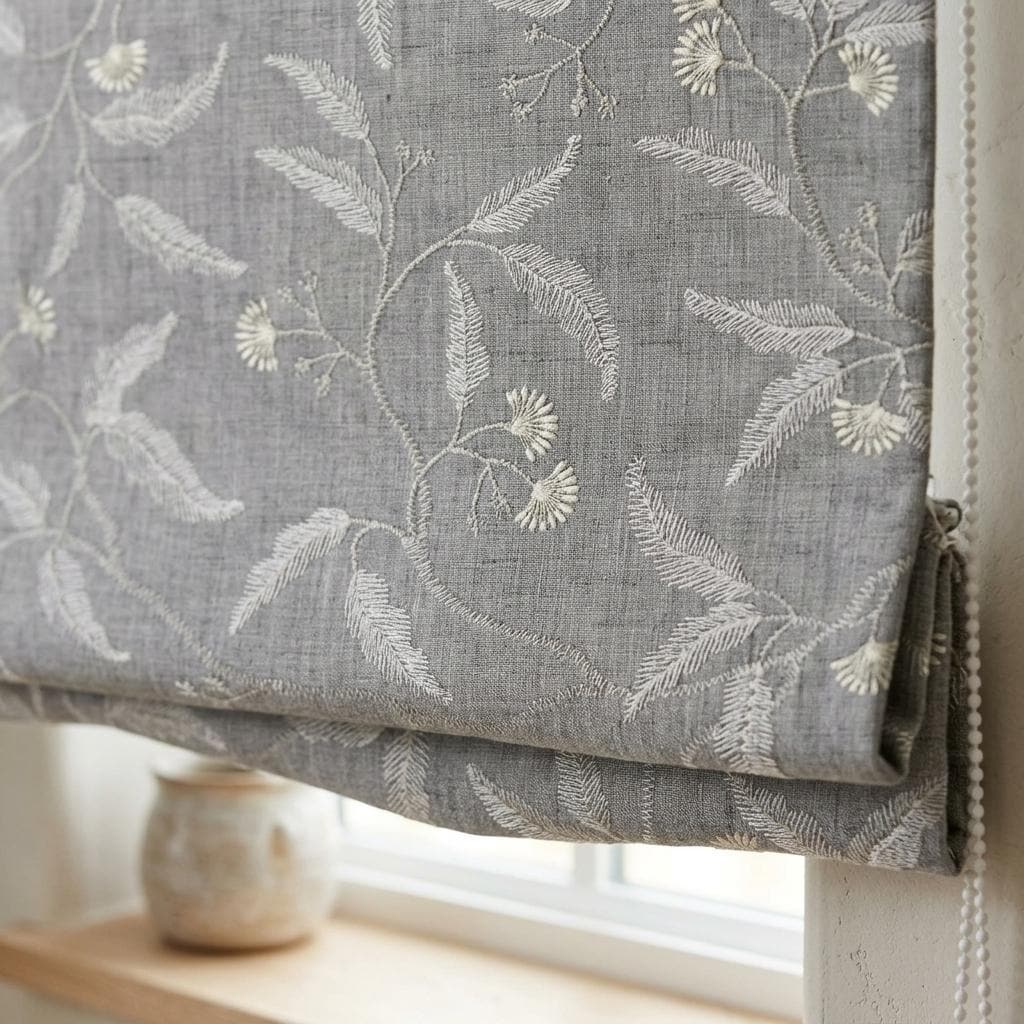 Grey Embroidered Linen Roman Shade, Charcoal Botanical Blind, Ivory Floral Vine Custom Roman Blind, Blackout or Light Filter — image 1