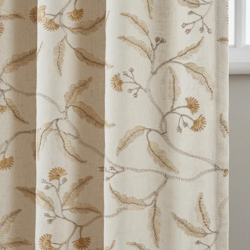 Heavy Pure Linen Embroidered Curtains, Ivory Gold Floral Vine Drapes, Blackout or Cotton Lined Farmhouse Panels — image 1