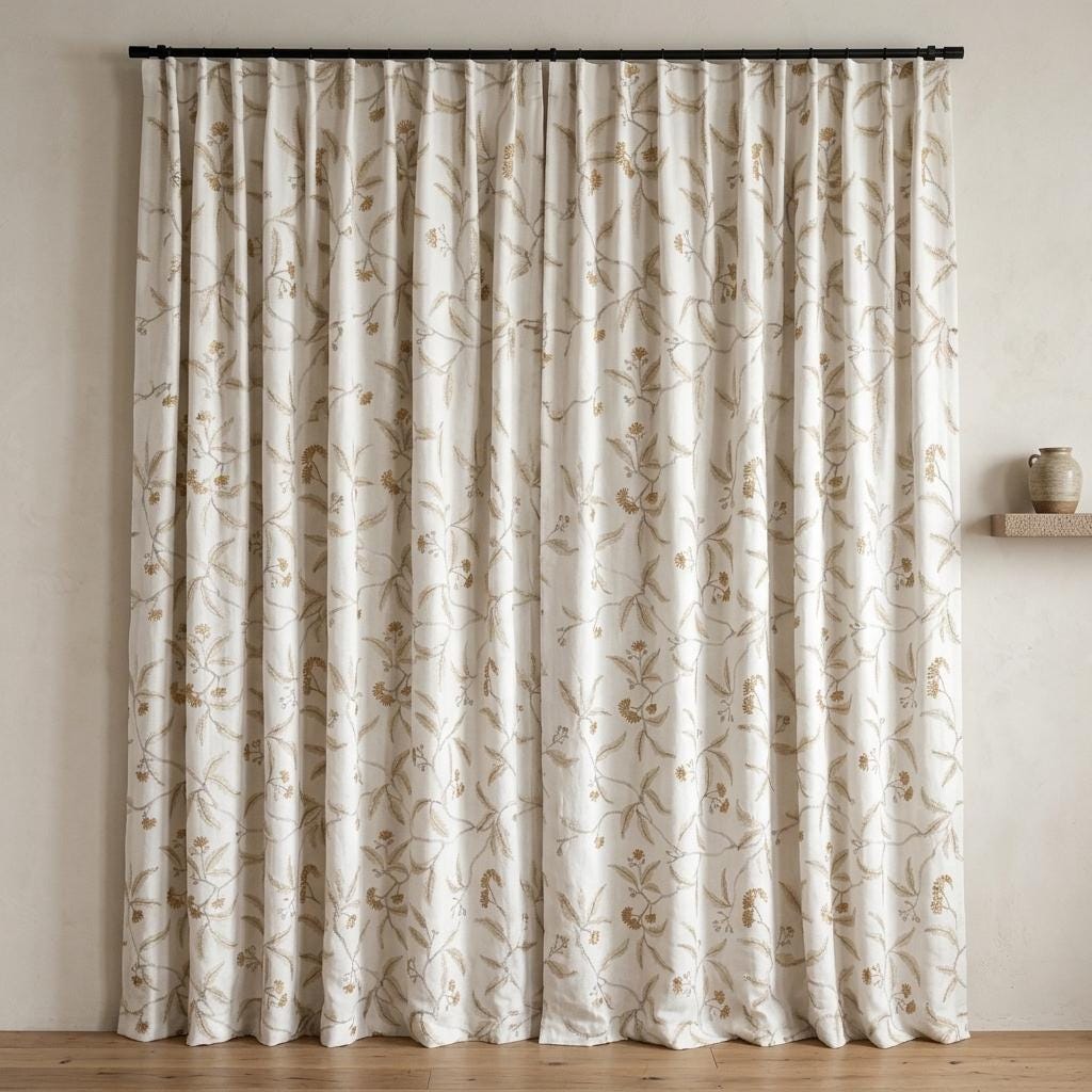 Heavy Pure Linen Embroidered Curtains, Ivory Gold Floral Vine Drapes, Blackout or Cotton Lined Farmhouse Panels — image 3