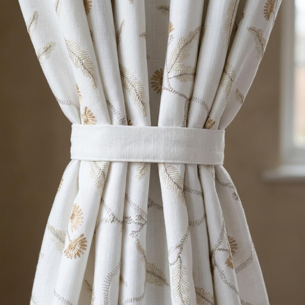 Heavy Pure Linen Embroidered Curtains, Ivory Gold Floral Vine Drapes, Blackout or Cotton Lined Farmhouse Panels — image 2