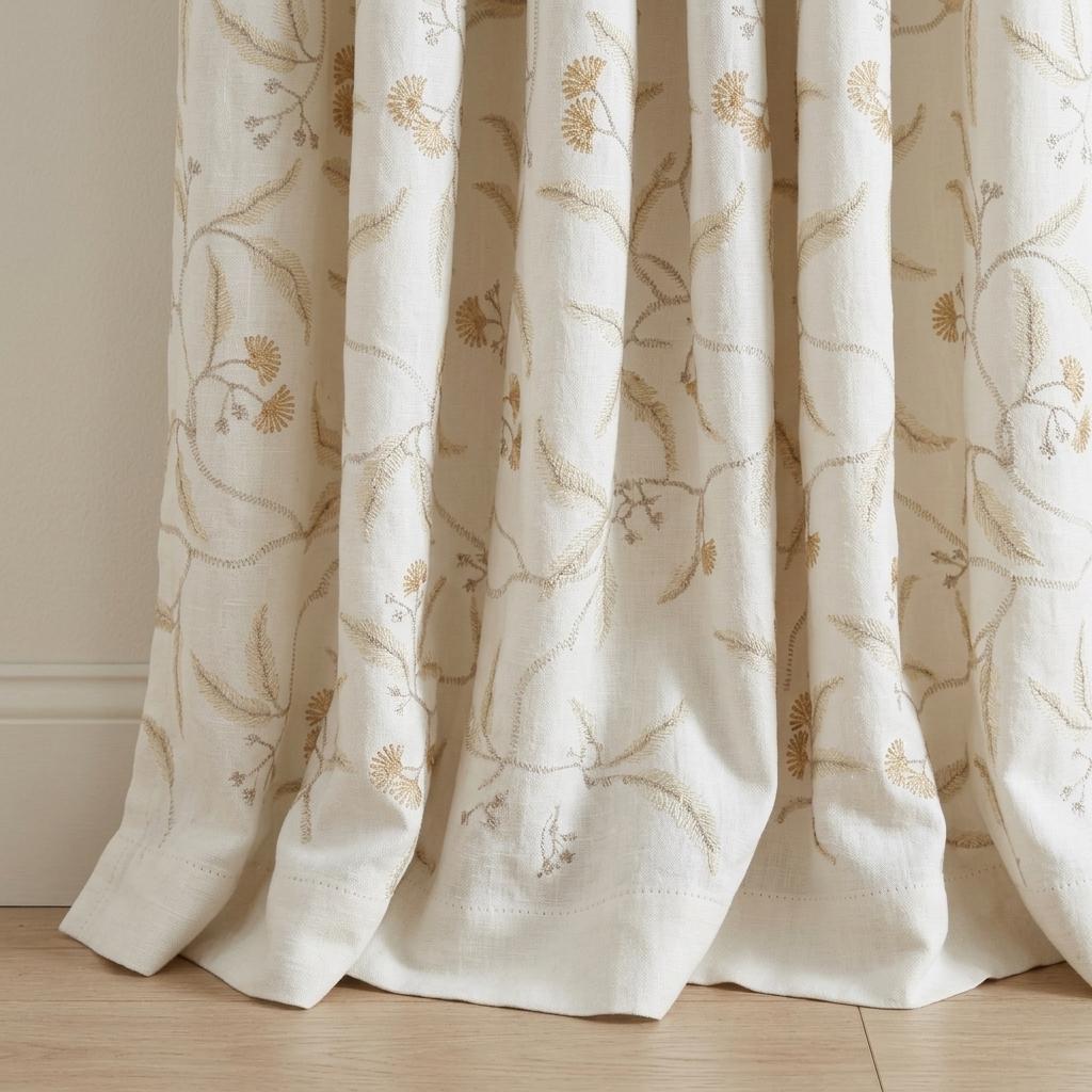 Heavy Pure Linen Embroidered Curtains, Ivory Gold Floral Vine Drapes, Blackout or Cotton Lined Farmhouse Panels — image 4