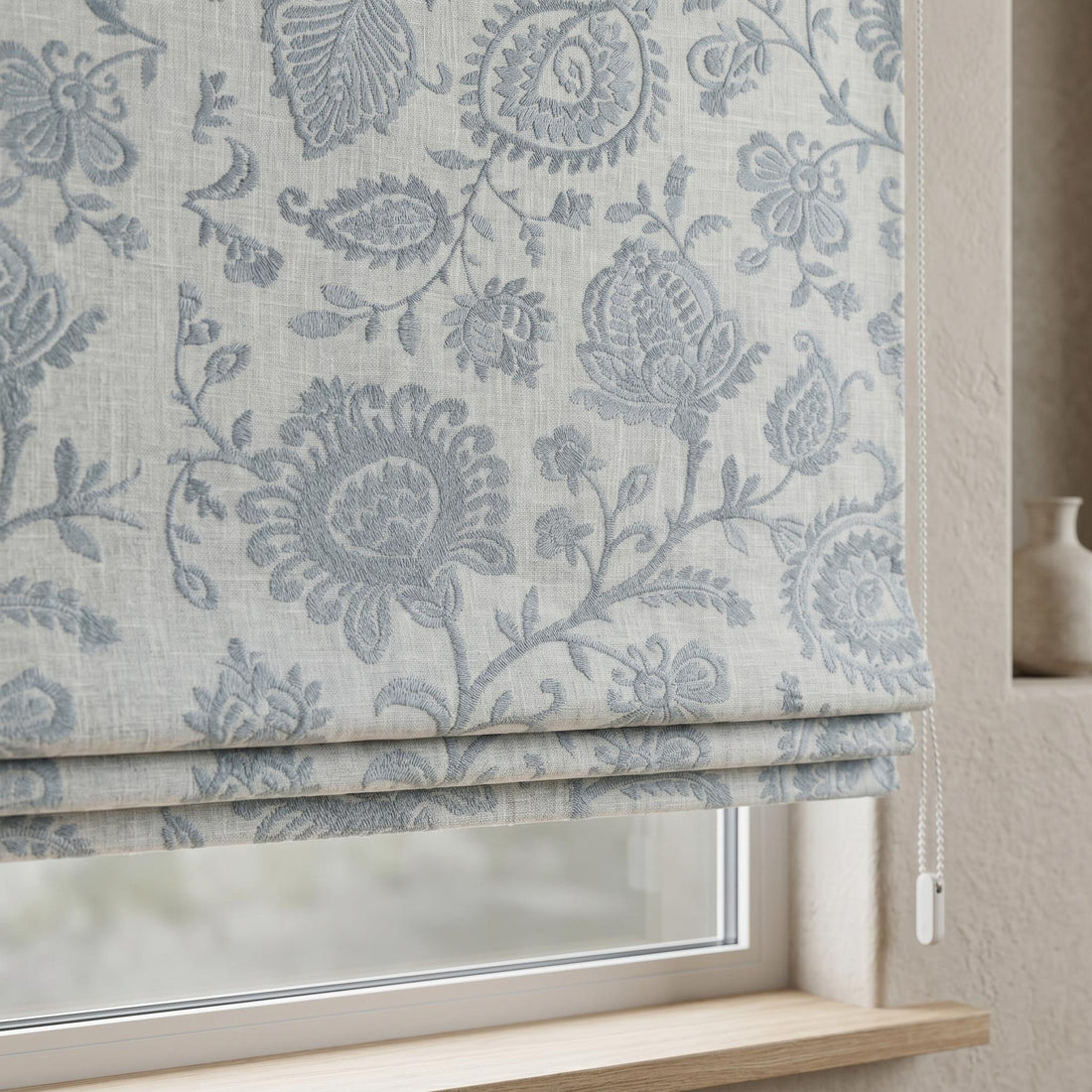Blue Embroidered Linen Roman Shade, Ivory Floral Damask Blind, Custom Roman Blind, Blackout or Light Filtering — image 1