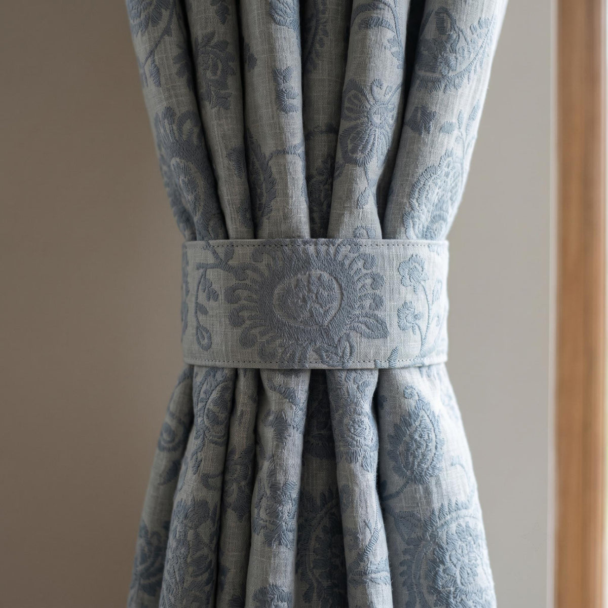 Linen Embroidered Curtains, Ivory Blue Floral Drapes, Blackout or Cotton Lined Farmhouse Panels — image 2