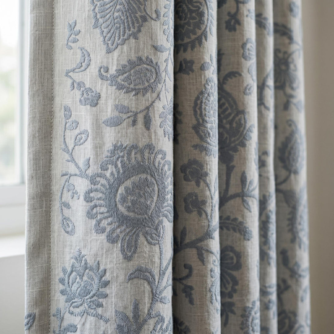 Linen Embroidered Curtains, Ivory Blue Floral Drapes, Blackout or Cotton Lined Farmhouse Panels — image 1