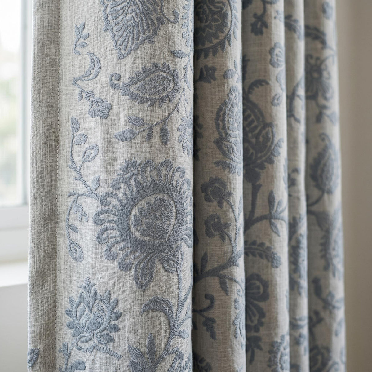 Linen Embroidered Curtains, Ivory Blue Floral Drapes, Blackout or Cotton Lined Farmhouse Panels — image 1