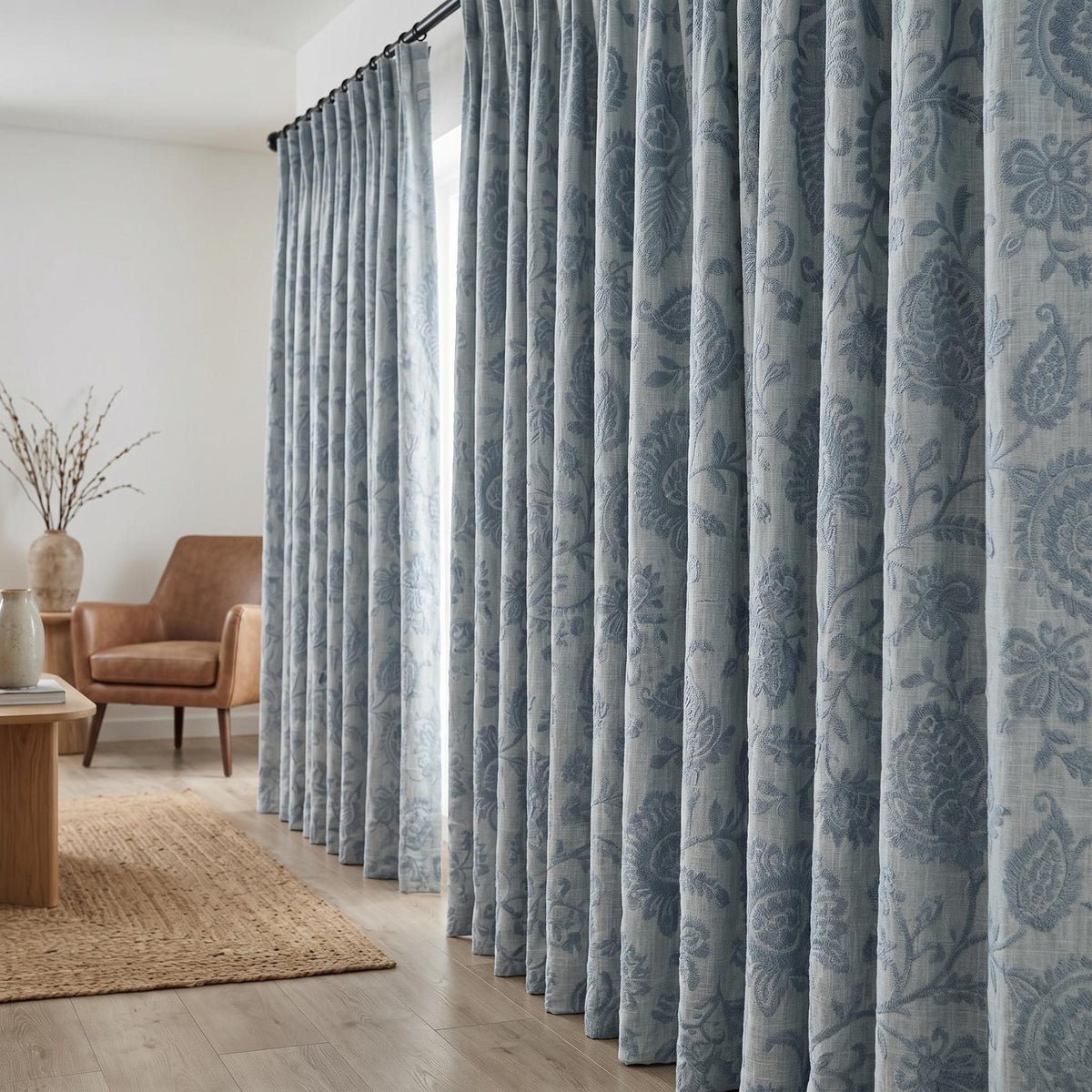 Linen Embroidered Curtains, Ivory Blue Floral Drapes, Blackout or Cotton Lined Farmhouse Panels — image 6