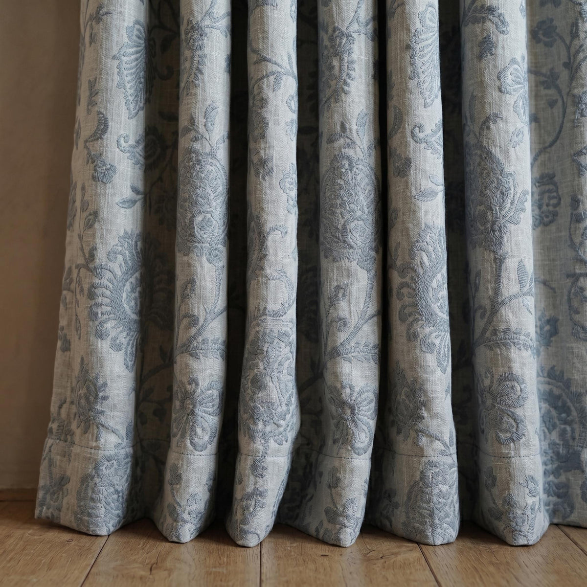Linen Embroidered Curtains, Ivory Blue Floral Drapes, Blackout or Cotton Lined Farmhouse Panels — image 5