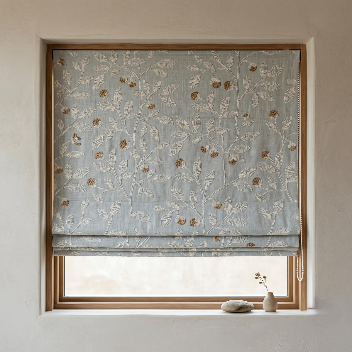Sky Blue Linen Roman Shade, Ivory Botanical Embroidered Blind, Custom Corded Blackout or Cotton Lined — image 4