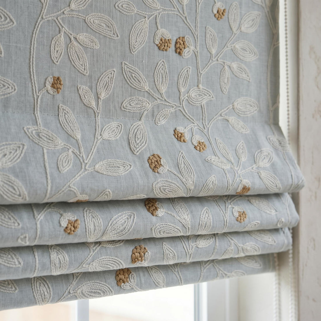 Sky Blue Linen Roman Shade, Ivory Botanical Embroidered Blind, Custom Corded Blackout or Cotton Lined — image 1
