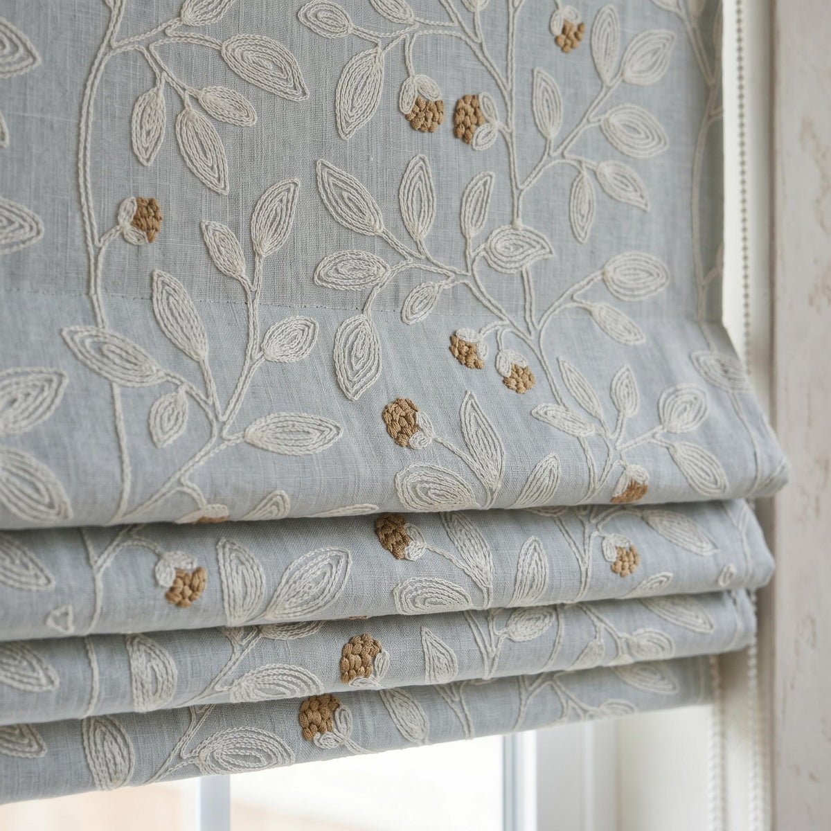 Sky Blue Linen Roman Shade, Ivory Botanical Embroidered Blind, Custom Corded Blackout or Cotton Lined — image 1