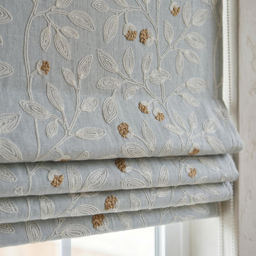 Sky Blue Linen Roman Shade, Ivory Botanical Embroidered Blind, Custom Corded Blackout or Cotton Lined — image 1