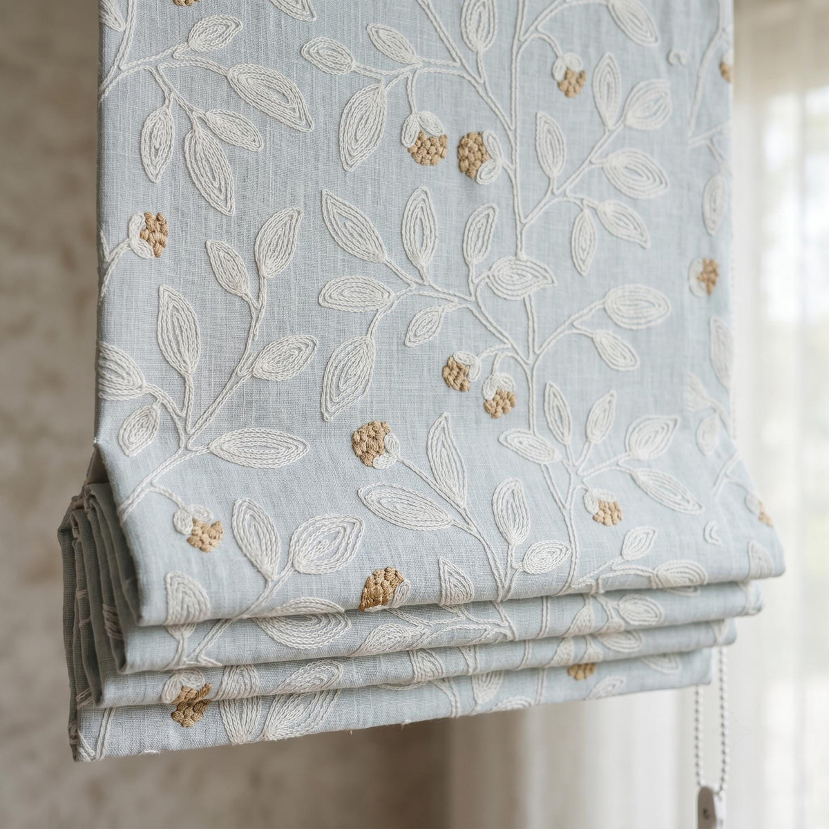 Sky Blue Linen Roman Shade, Ivory Botanical Embroidered Blind, Custom Corded Blackout or Cotton Lined — image 7