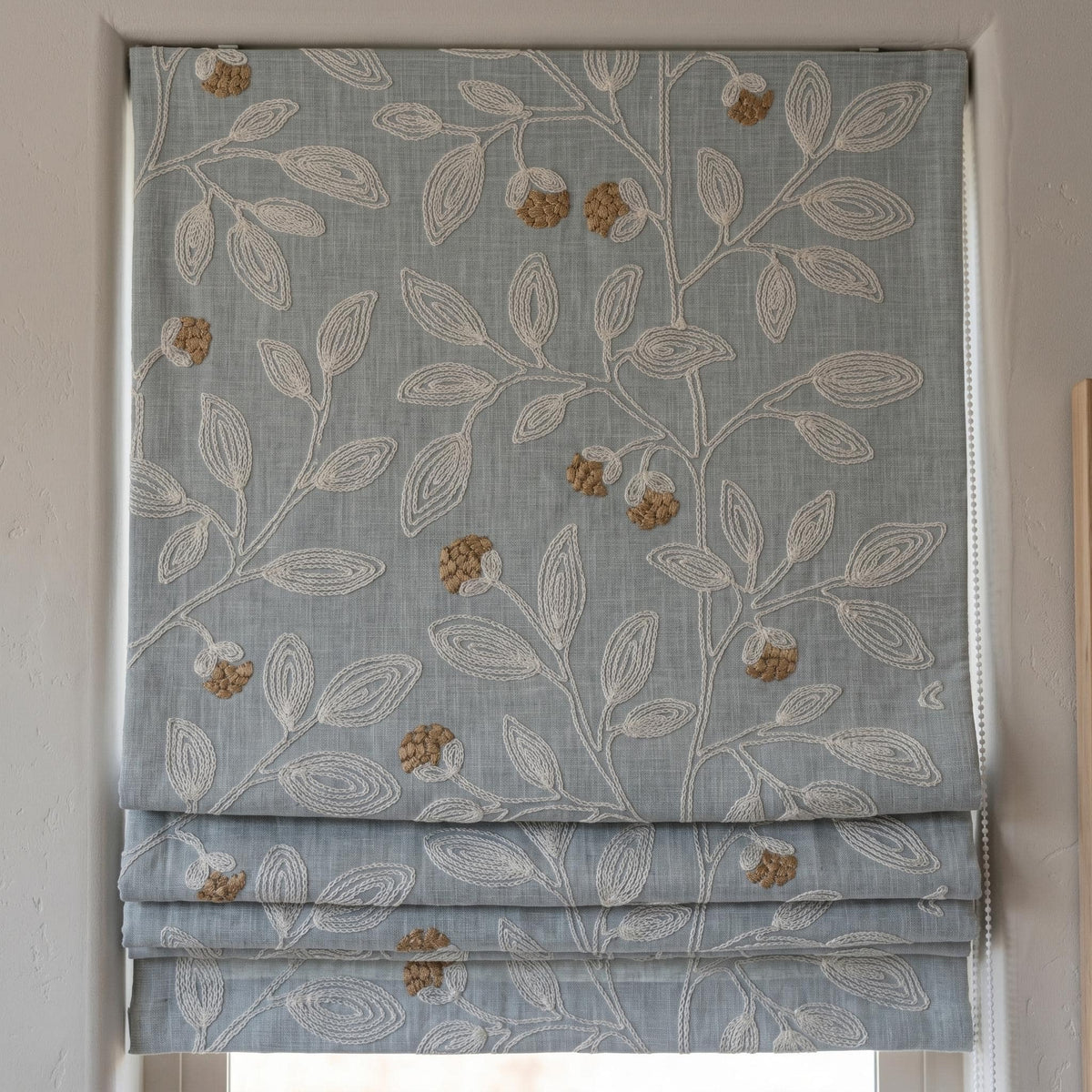 Sky Blue Linen Roman Shade, Ivory Botanical Embroidered Blind, Custom Corded Blackout or Cotton Lined — image 6