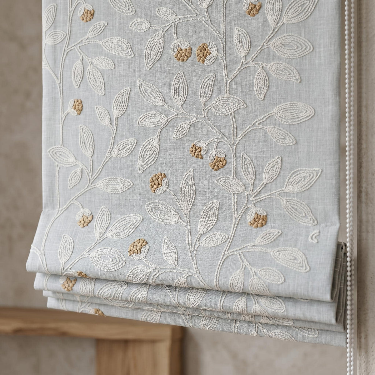 Sky Blue Linen Roman Shade, Ivory Botanical Embroidered Blind, Custom Corded Blackout or Cotton Lined — image 5