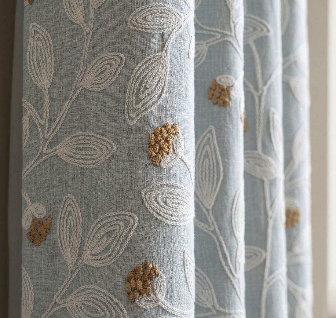 Blue Grey Embroidered Linen Curtains, Ivory Botanical Vine Drapes, Tan Floral Blackout Cotton Lined Custom Panels — image 1