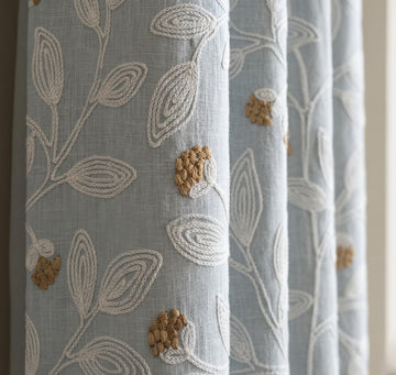 Blue Grey Embroidered Linen Curtains, Ivory Botanical Vine Drapes, Tan Floral Blackout Cotton Lined Custom Panels — image 1