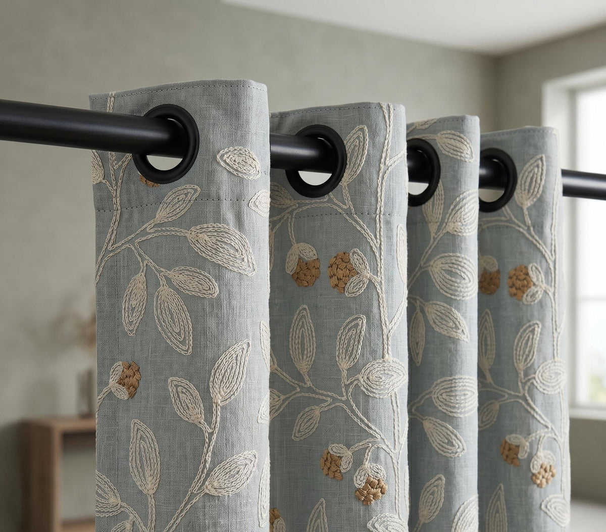 Blue Grey Embroidered Linen Curtains, Ivory Botanical Vine Drapes, Tan Floral Blackout Cotton Lined Custom Panels — image 8