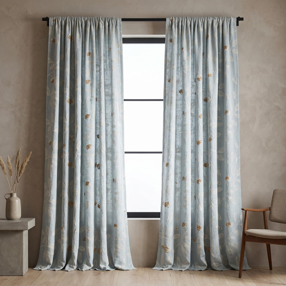 Blue Grey Embroidered Linen Curtains, Ivory Botanical Vine Drapes, Tan Floral Blackout Cotton Lined Custom Panels — image 3