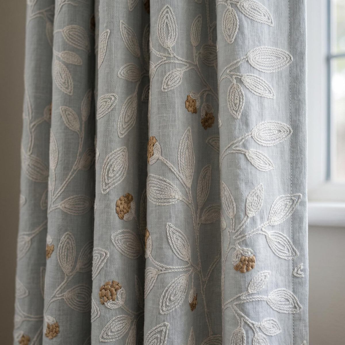 Blue Grey Embroidered Linen Curtains, Ivory Botanical Vine Drapes, Tan Floral Blackout Cotton Lined Custom Panels — image 2