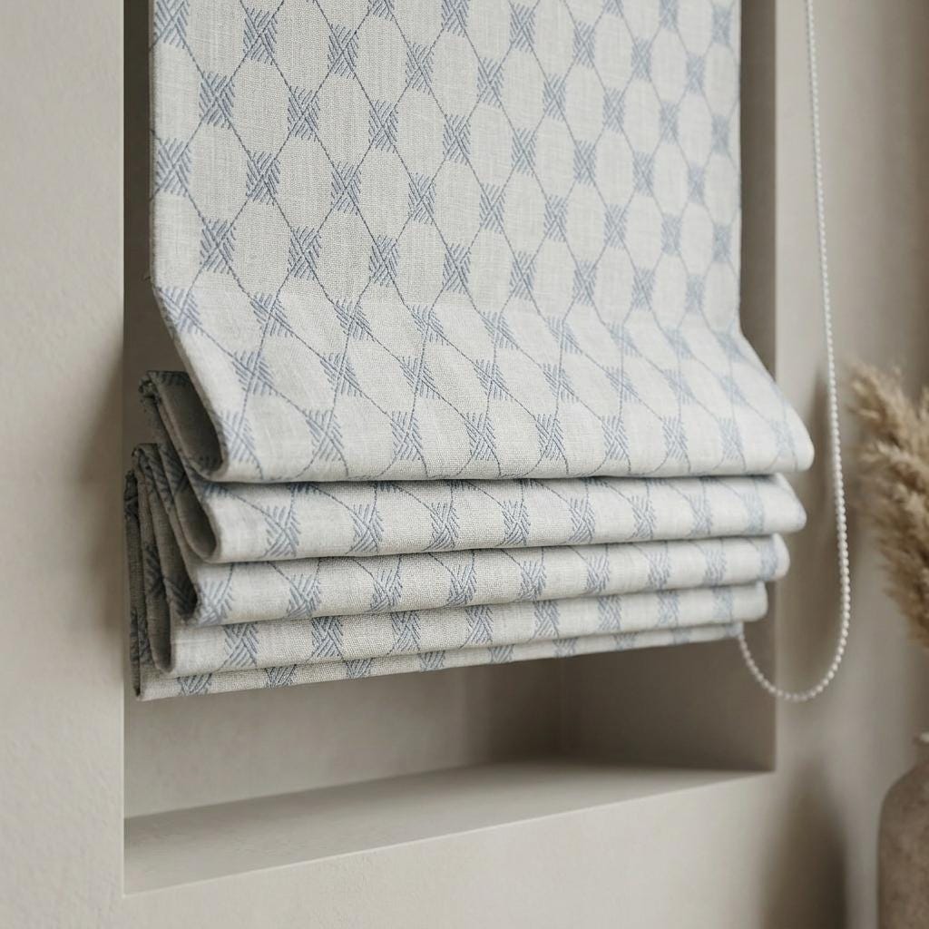 Blue Embroidered Linen Roman Shade, Diamond Trellis Custom Corded Blind, Blackout or Cotton Lined Window Shade — image 3