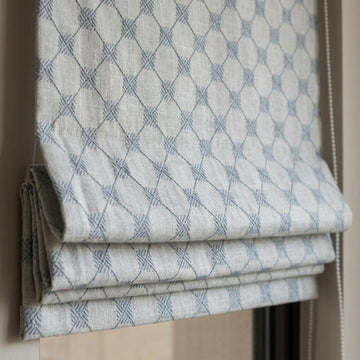 Blue Embroidered Linen Roman Shade, Diamond Trellis Custom Corded Blind, Blackout or Cotton Lined Window Shade — image 1