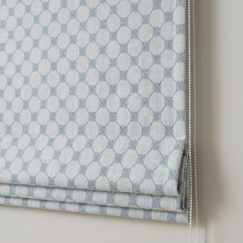 Blue Embroidered Linen Roman Shade, Diamond Trellis Custom Corded Blind, Blackout or Cotton Lined Window Shade — image 2