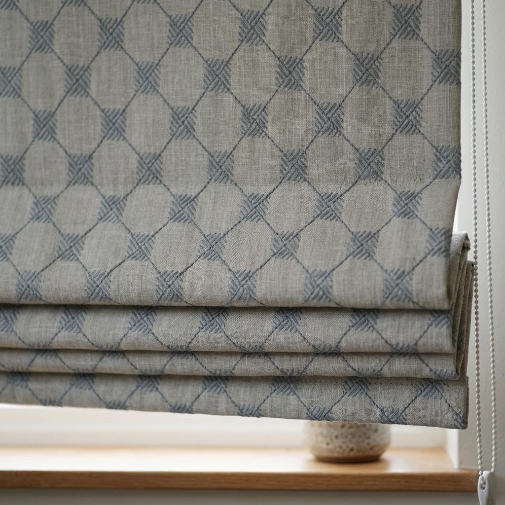 Blue Embroidered Linen Roman Shade, Diamond Trellis Custom Corded Blind, Blackout or Cotton Lined Window Shade — image 5
