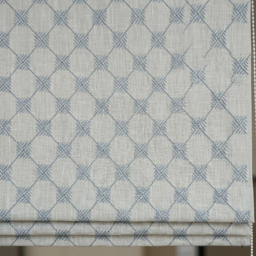 Blue Embroidered Linen Roman Shade, Diamond Trellis Custom Corded Blind, Blackout or Cotton Lined Window Shade — image 7